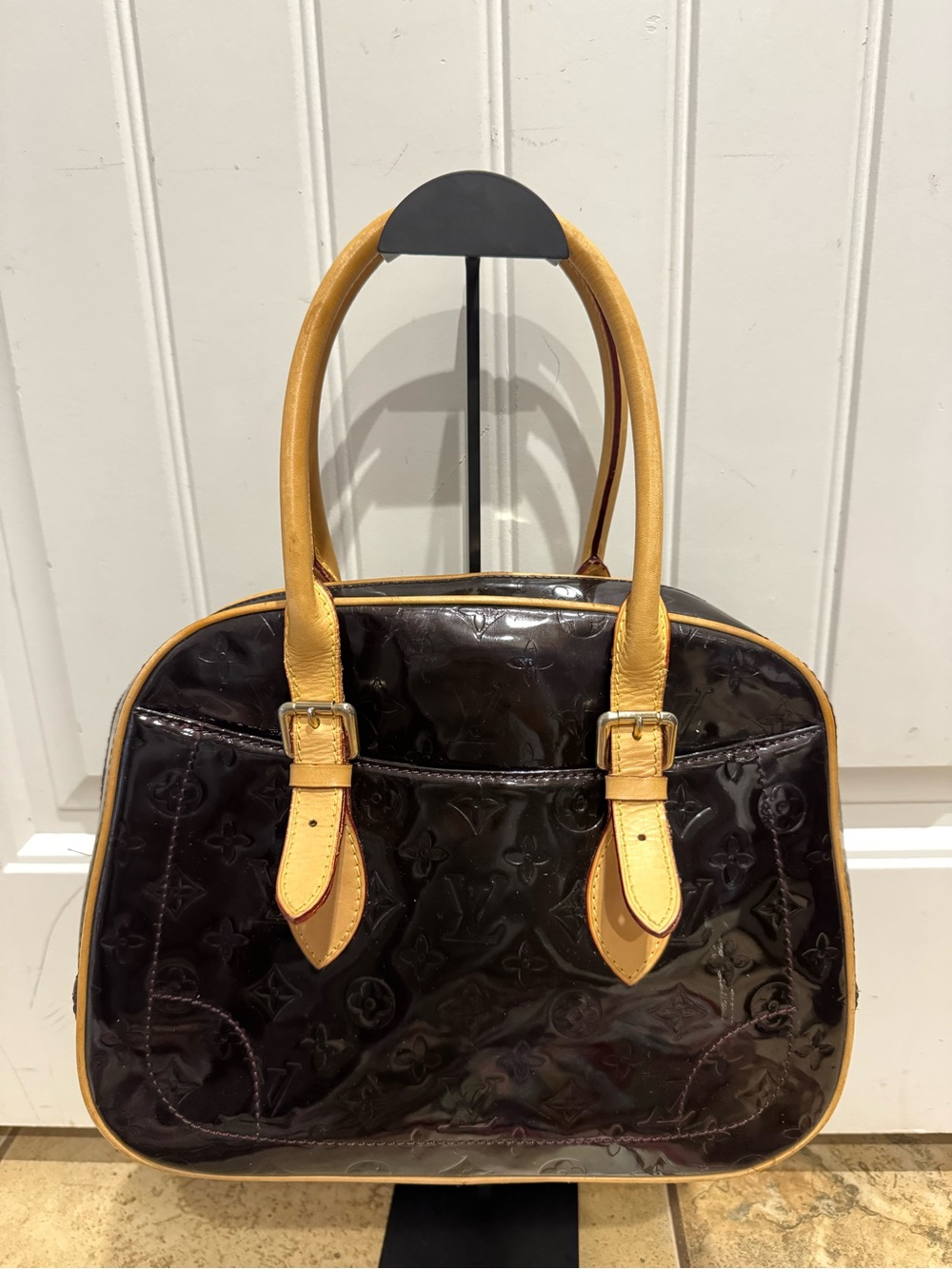 Louis Vuitton Patent Leather Satchel in Black and Tan